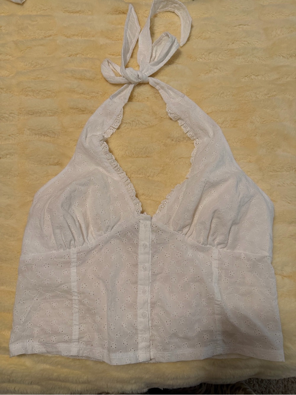 Pink by Frankie's Bikinis White Eyelet Smocked Halter Top